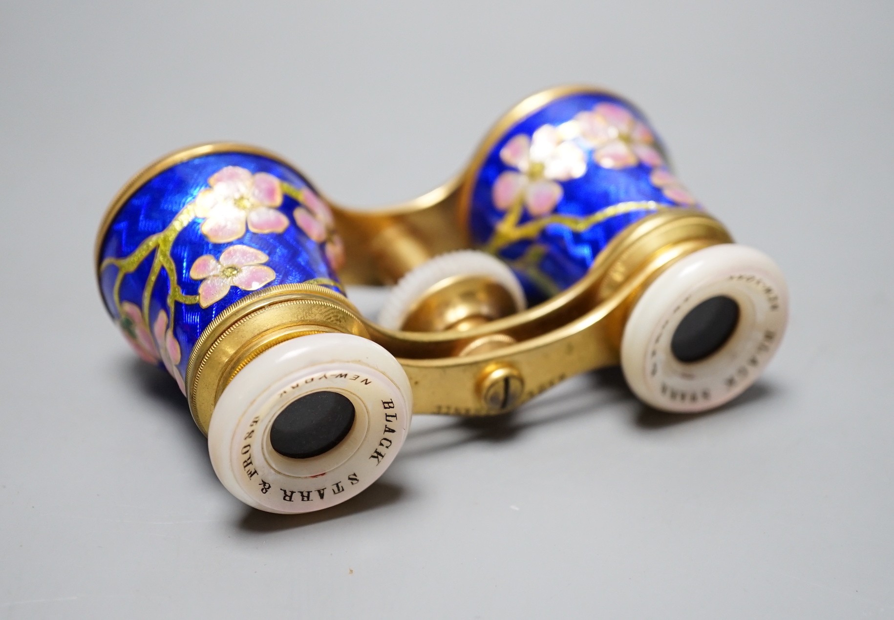 A pair of American blue and pink floral enamel opera glasses by Black Star & Frost of New York